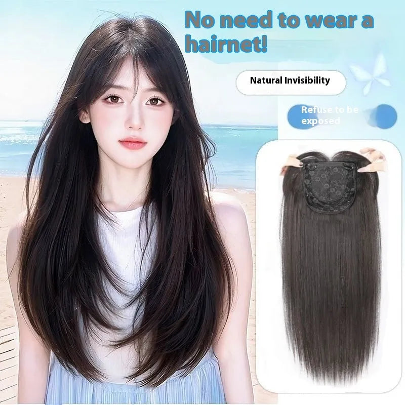 Full-head wear-free hair net wig with long straight high-temperature fibre and layered styling in black colour options