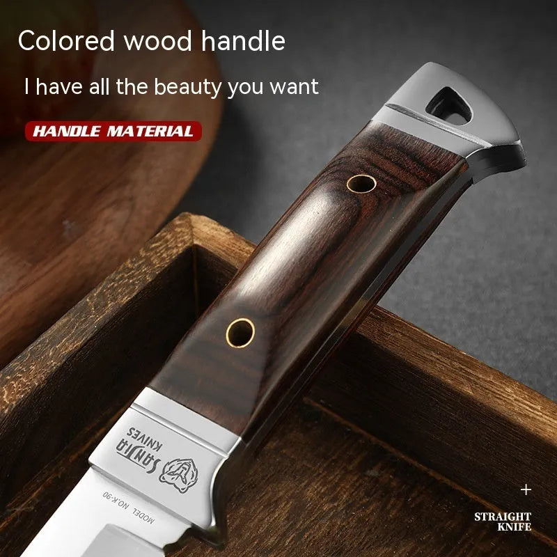 Camping multifunctional portable fruit knife with stainless steel blade in leather case