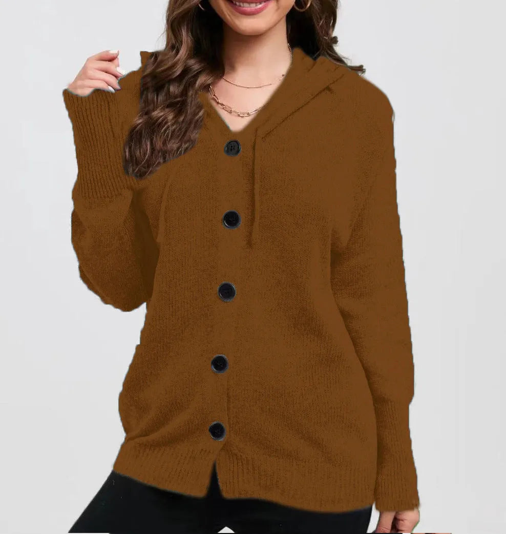Women's thick cotton hooded cardigan sweater in loose fit solid colour