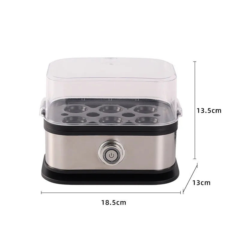 Black portable stainless steel mini egg boiler for travel with multiple power plugs.