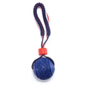 Blue dog ball with rope toy showing 29cm length and textured 6.5cm rubber ball