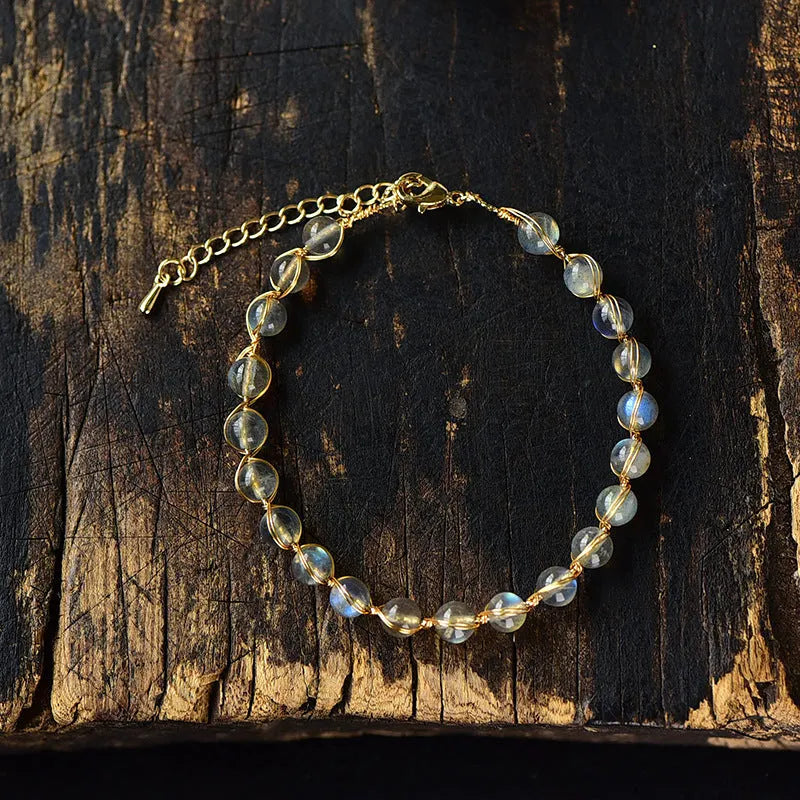 14K gold gilded women's bracelet with 6mm natural blue moonstone crystal beads