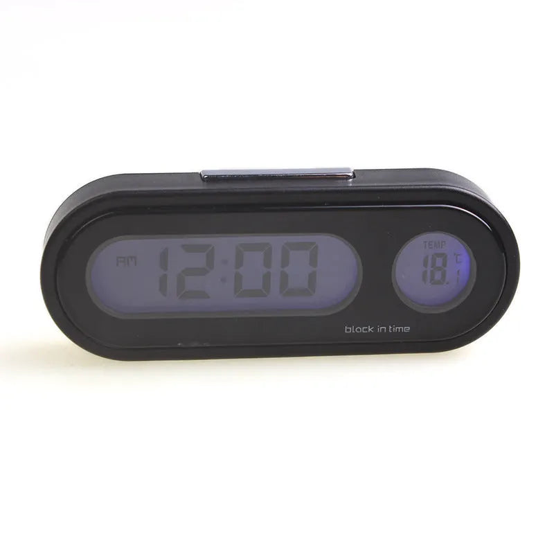 Black electronic car clock and thermometer unit with LED display on adjustable bracket.
