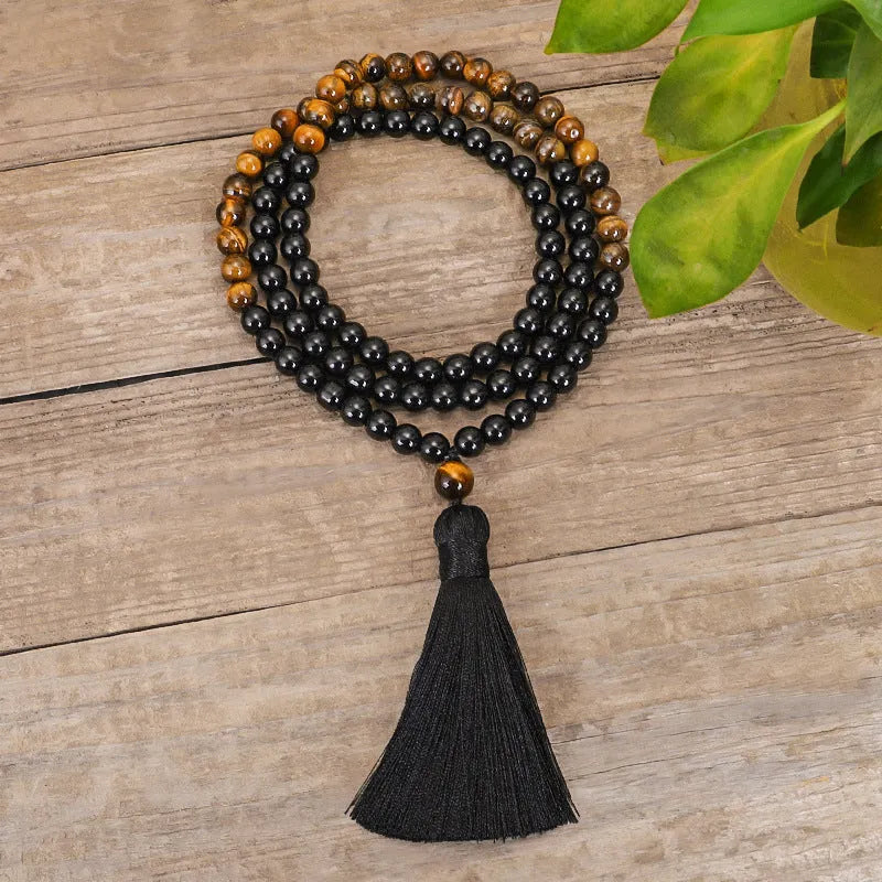 Handmade vintage tiger eye stone necklace with tassel details and ball bead chain
