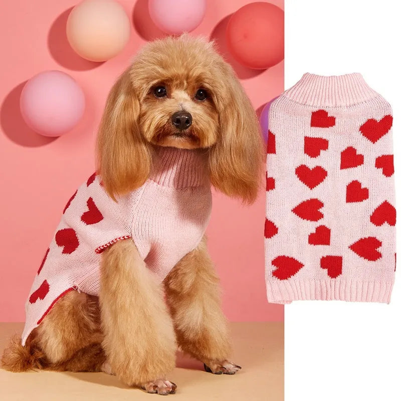 Red love heart motif dog sweater on small dog with bow decoration