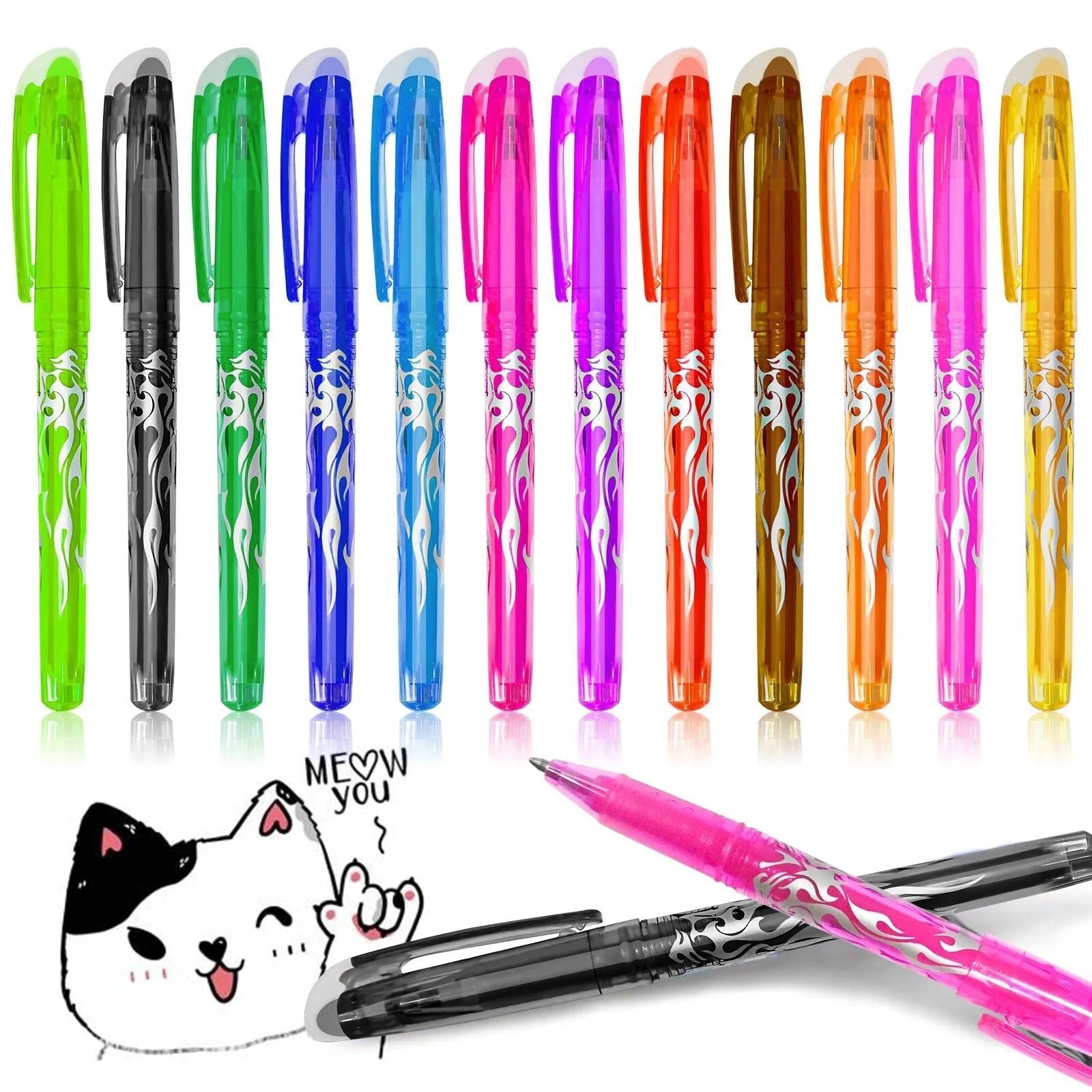 Set of hot erasable gel pens with plastic bodies and stainless steel nibs, showing multiple coloured barrels.