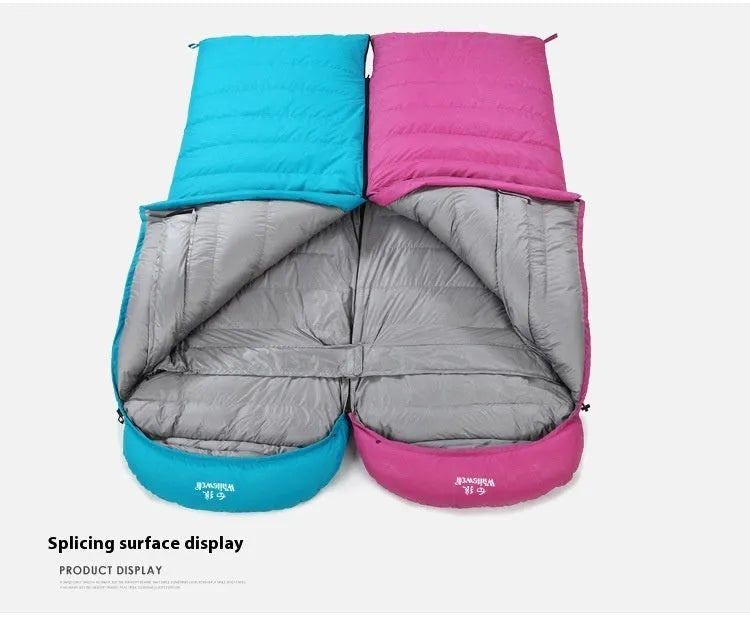 Black down sleeping bag with envelope structure and white goose down filler
