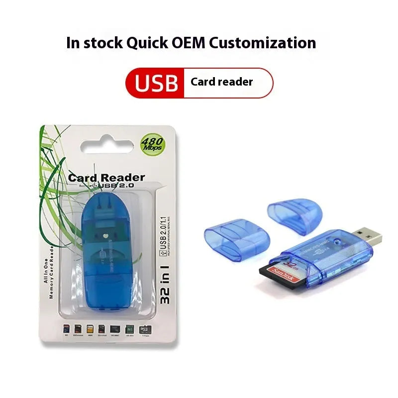 Transparent USB card reader with LED light showing memory card slots and USB plug