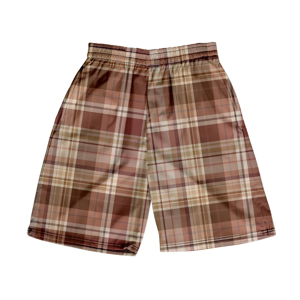Men's polyester plaid shorts with elastic waistband in straight cut for casual wear