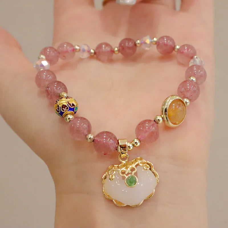 Geometric ethnic style jade bracelet with three-dimensional metal decorations in grey jade or strawberry quartz