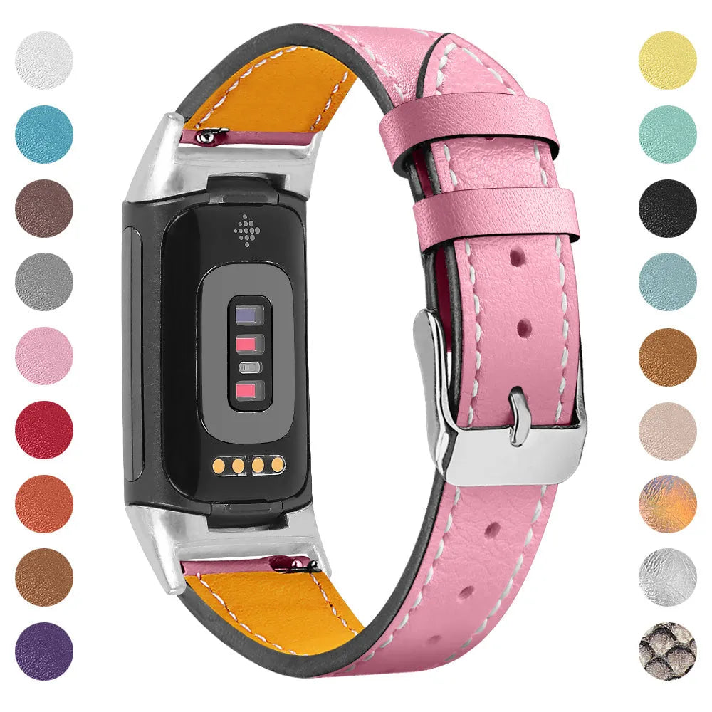 Genuine leather replacement strap for Fitbit Charge 5 and Charge 6 smartwatches in multiple colour options.