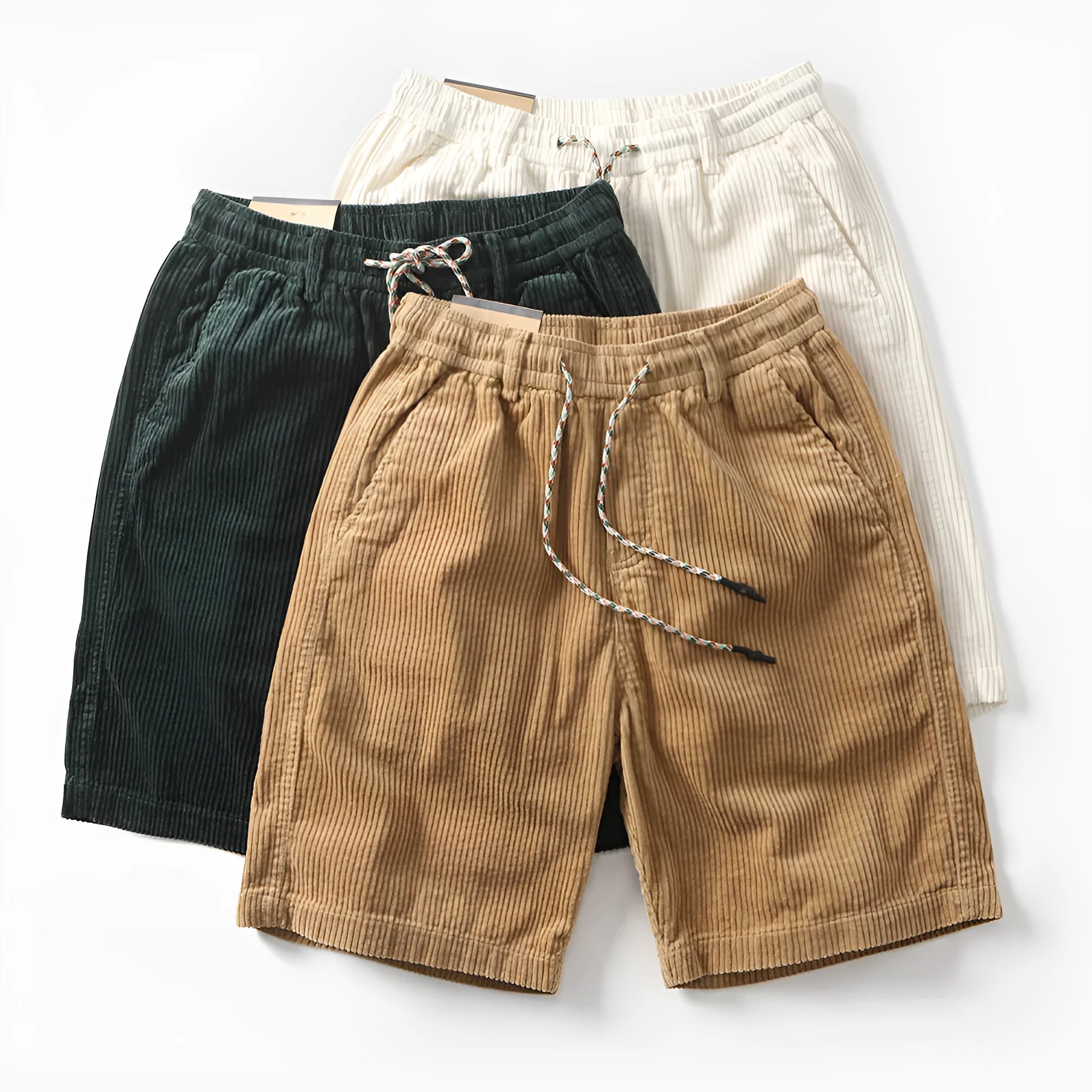 Men's khaki straight-leg cargo shorts with cargo pockets on a white background