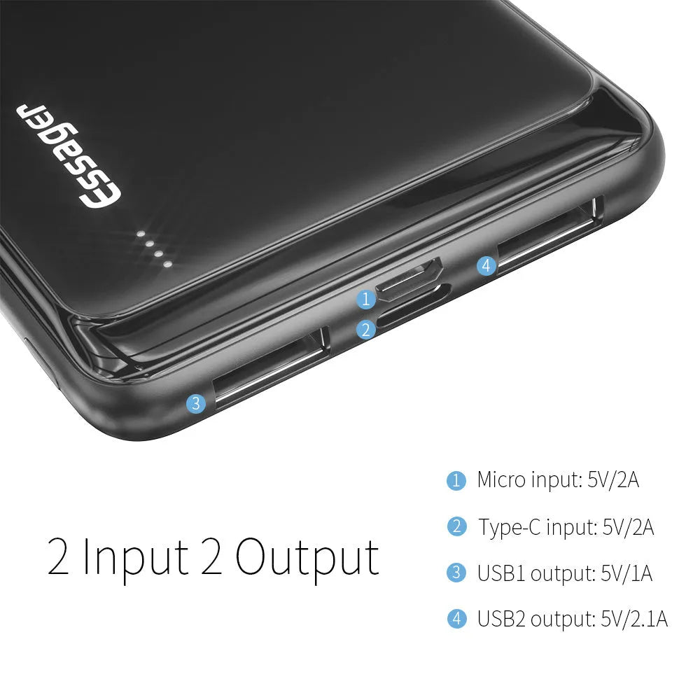 Essager Jane 10000mAh portable power bank in black or white with Type-C and Micro USB ports