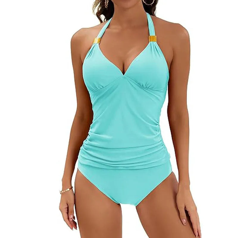 Women's solid colour halter neck two-piece swimsuit with tie-side bikini bottoms
