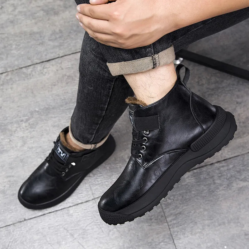 Black and brown Martin boots with high-top platform design and velvet detailing