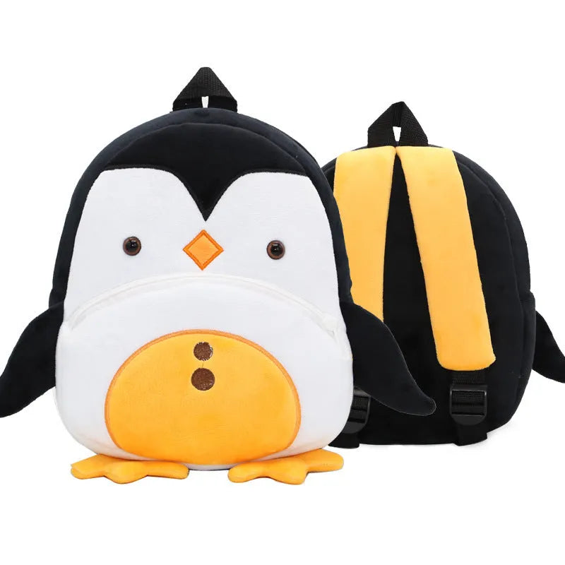 Soft plush children's backpack in cartoon animal design, shown with zipper open, dimensions 26cm by 24cm.
