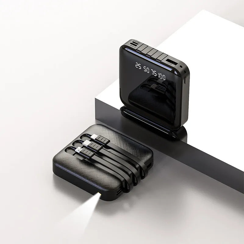Square black or red power bank with a built-in charging cable protruding from the case.