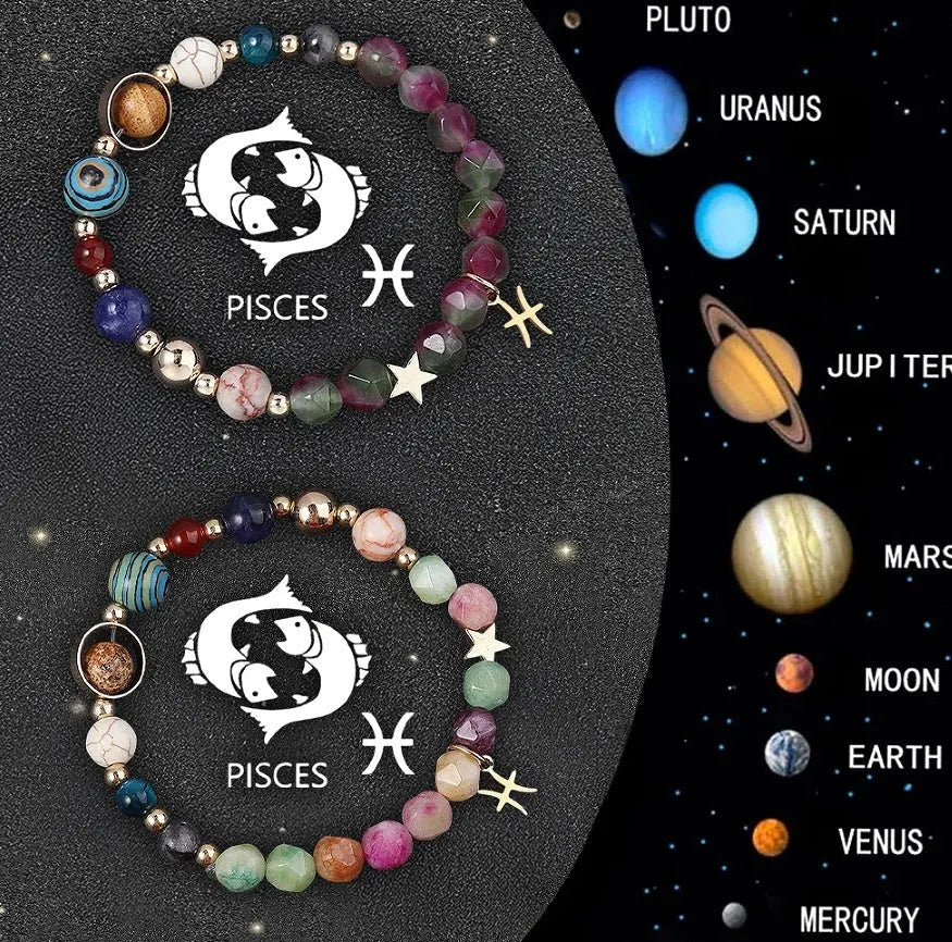 Natural stone beaded bracelets with zodiac symbols on stretchy elastic cord, showing two bracelets in set.