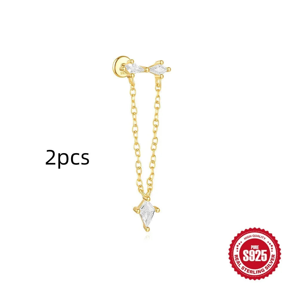 S925 sterling silver geometric kite-shaped earring with rhinestone chain tassel in a gold colour finish.