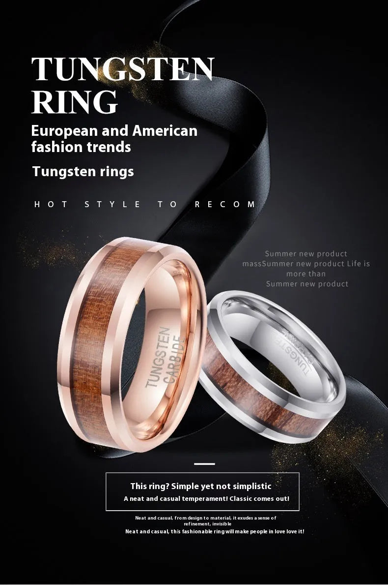 Men's 8mm wide Ugyen ring in wood, leather and tungsten, electroplated rose gold colour.