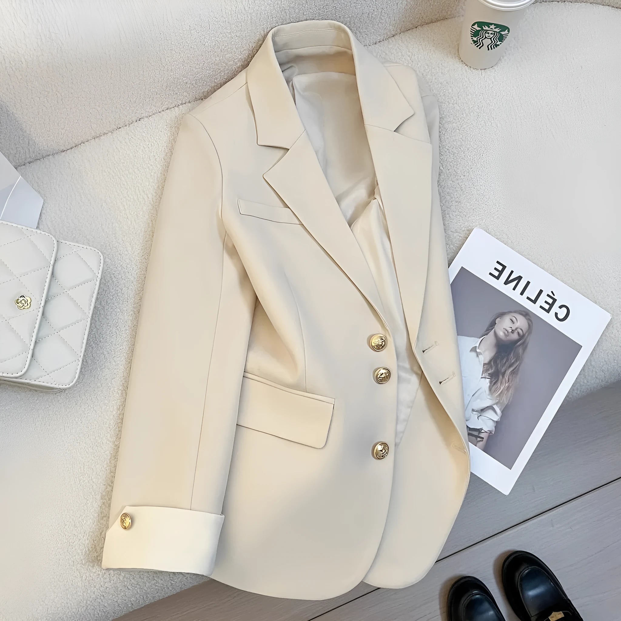 Women's Korean-style loose polyester coat in milky white with pockets