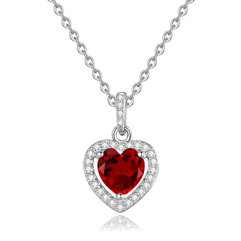 Women's sterling silver S925 necklace with heart-shaped natural gemstone pendant on cross chain