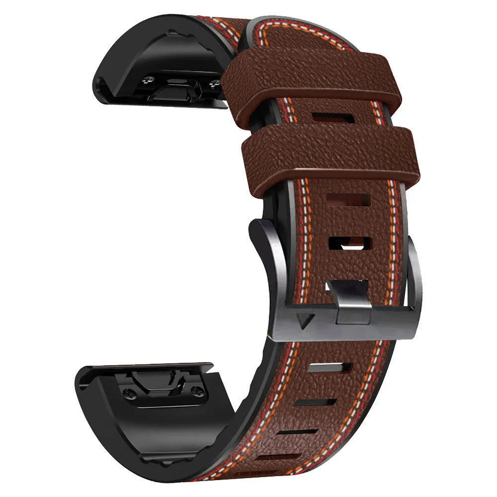 Garmin Fenix quick release silicone leather watchband in black, showing strap and quick release spring bars