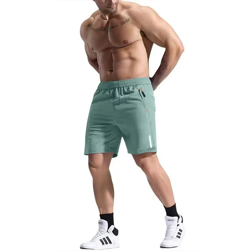 Men's grey elastic waist sports shorts made from bamboo blend fabric on a plain background.