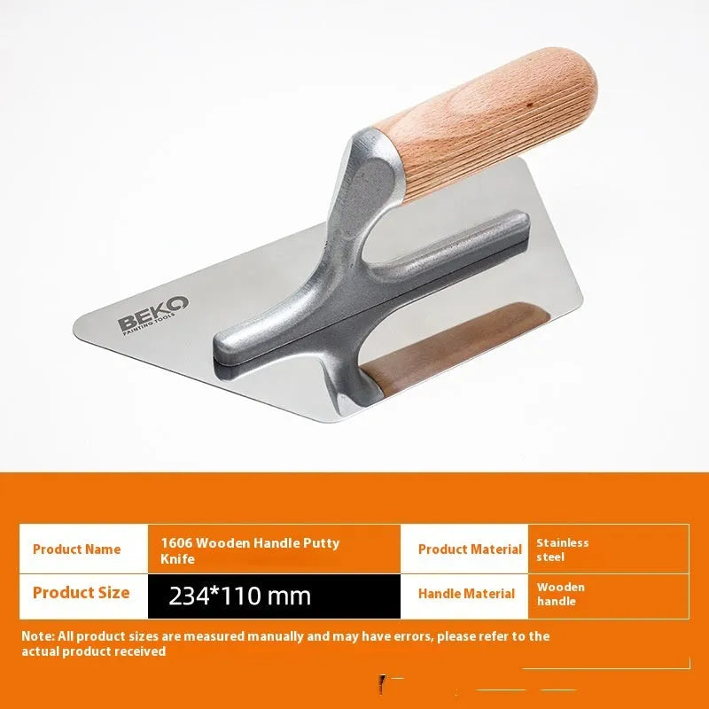 Stainless steel putty scraper with wooden handle for floor and wall decoration work.