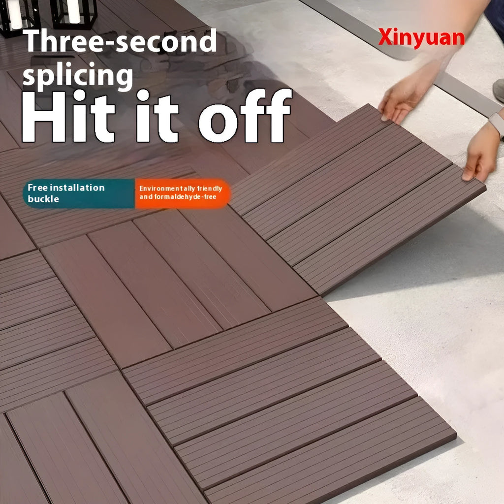 Square plastic floor tile with wood grain texture in a dark grey colour, shown on a light background.