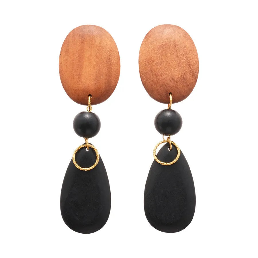 Brown-black wooden earrings with elliptical design and silver needle details for women