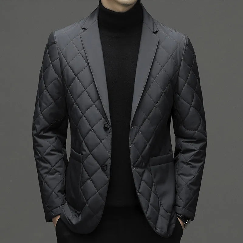 Men's black winter down jacket with cardigan-style lapel and side seam pockets