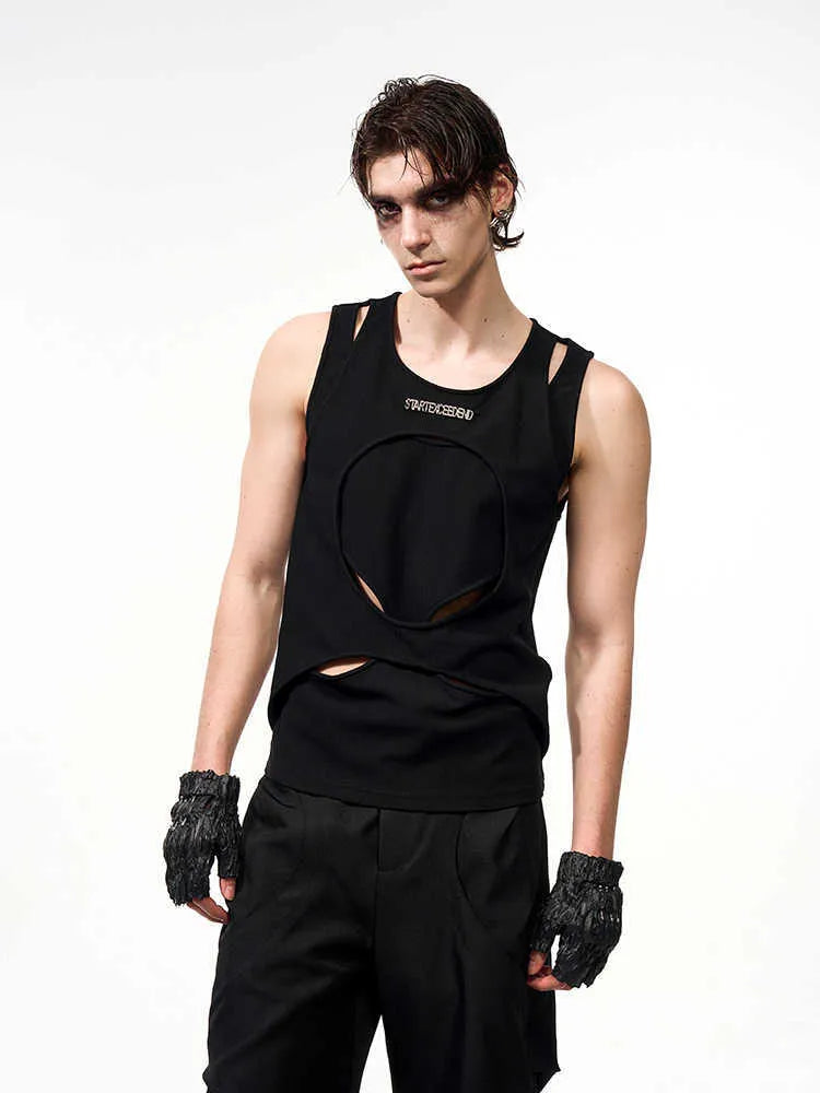 Men's sleeveless white waistcoat with hollow thread detail and round neck pullover design