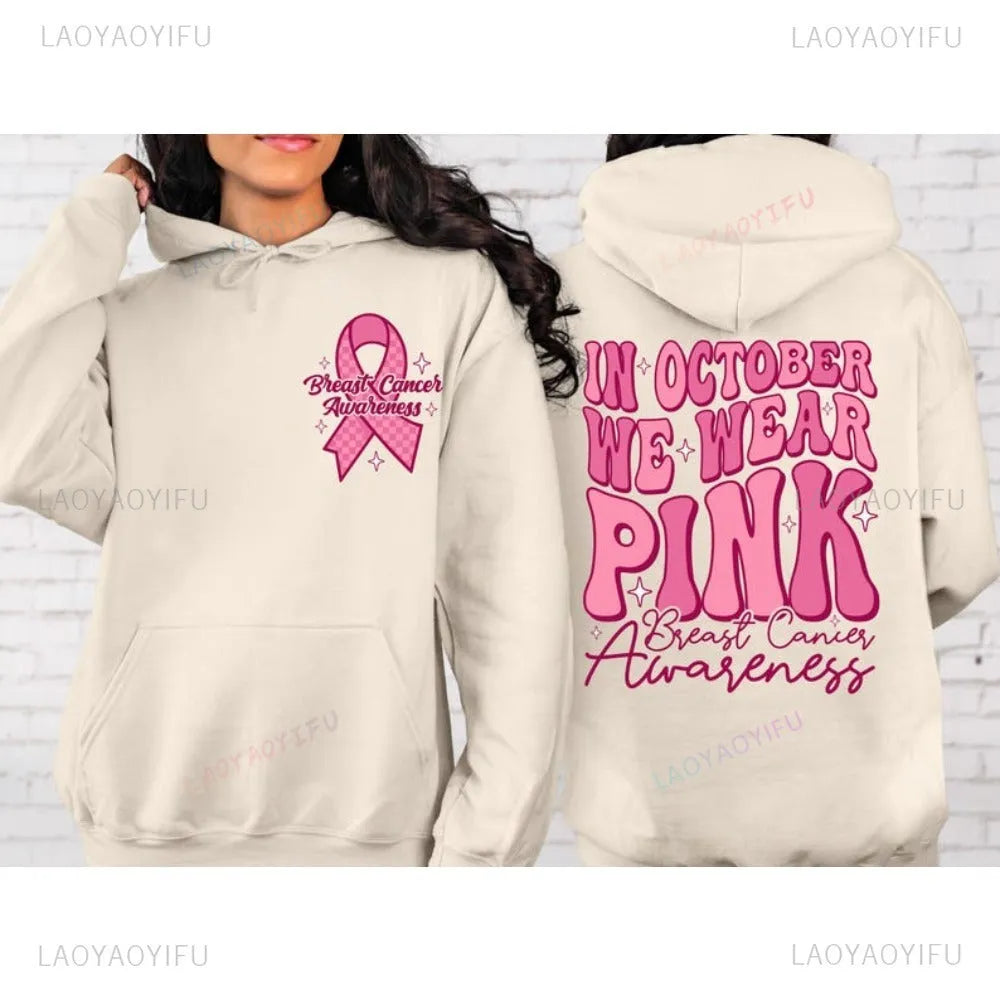 Women's pink Breast Cancer Awareness hoodie with retro art design and side pockets