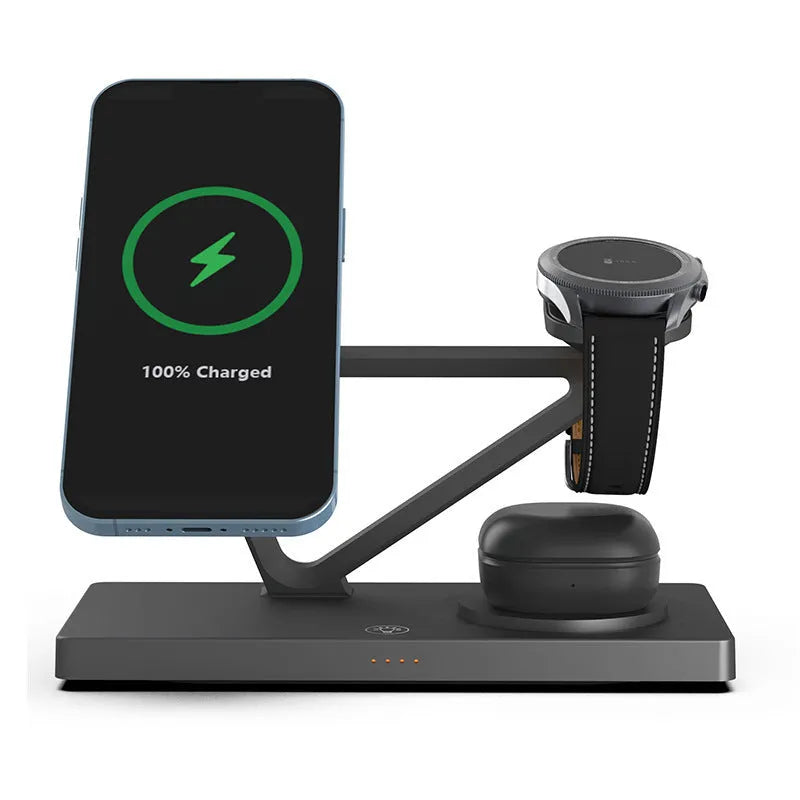 Five-in-one wireless charging night lamp in black showing magnetic phone bracket, circular charging base, and dedicated watch charging position