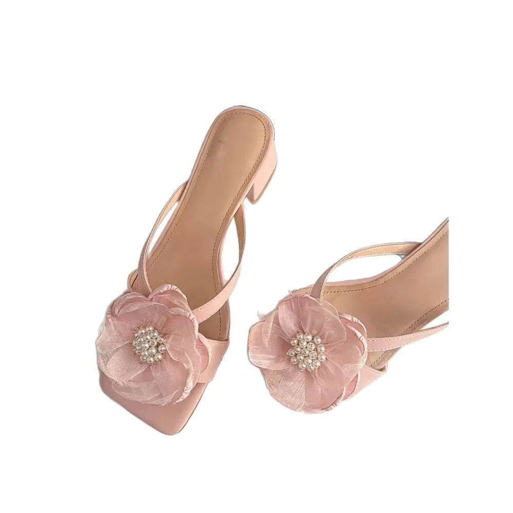 Women's chunky heel square toe sandals with satin upper and flower detail in cream-white