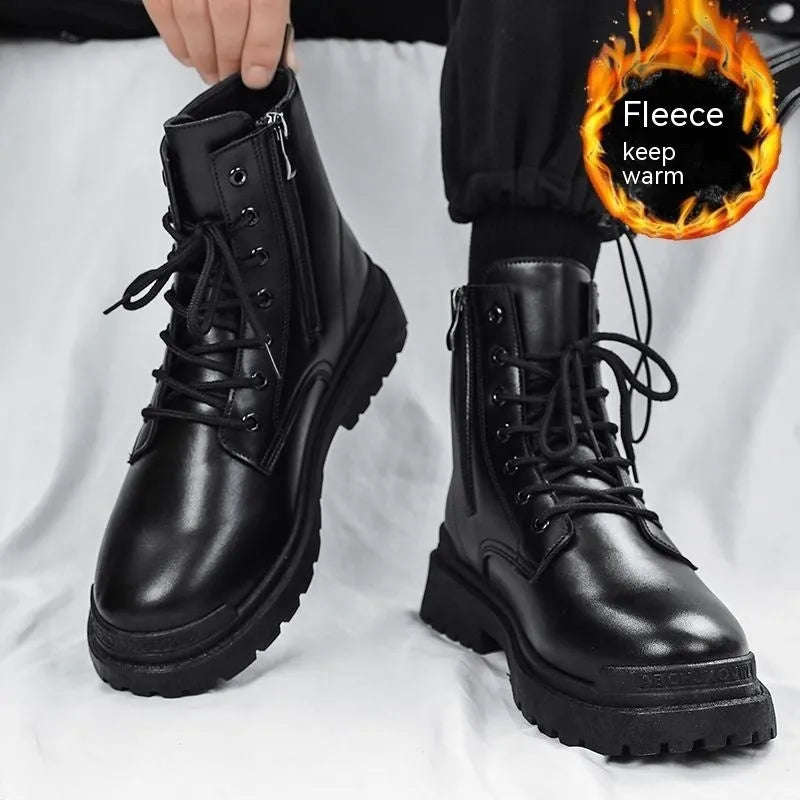 Men's black British style mid-top leather ankle boots with rubber sole.