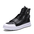 Men's black PU leather ankle boots with high-top sneaker design and microfiber upper