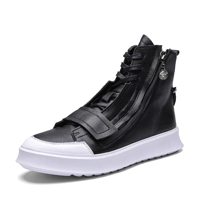 Men's black PU leather ankle boots with high-top sneaker design and microfiber upper