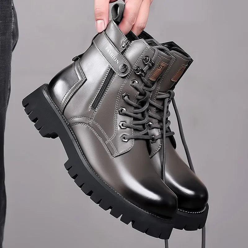 Mens light brown high-top Martin boots with side zipper and thick rubber sole