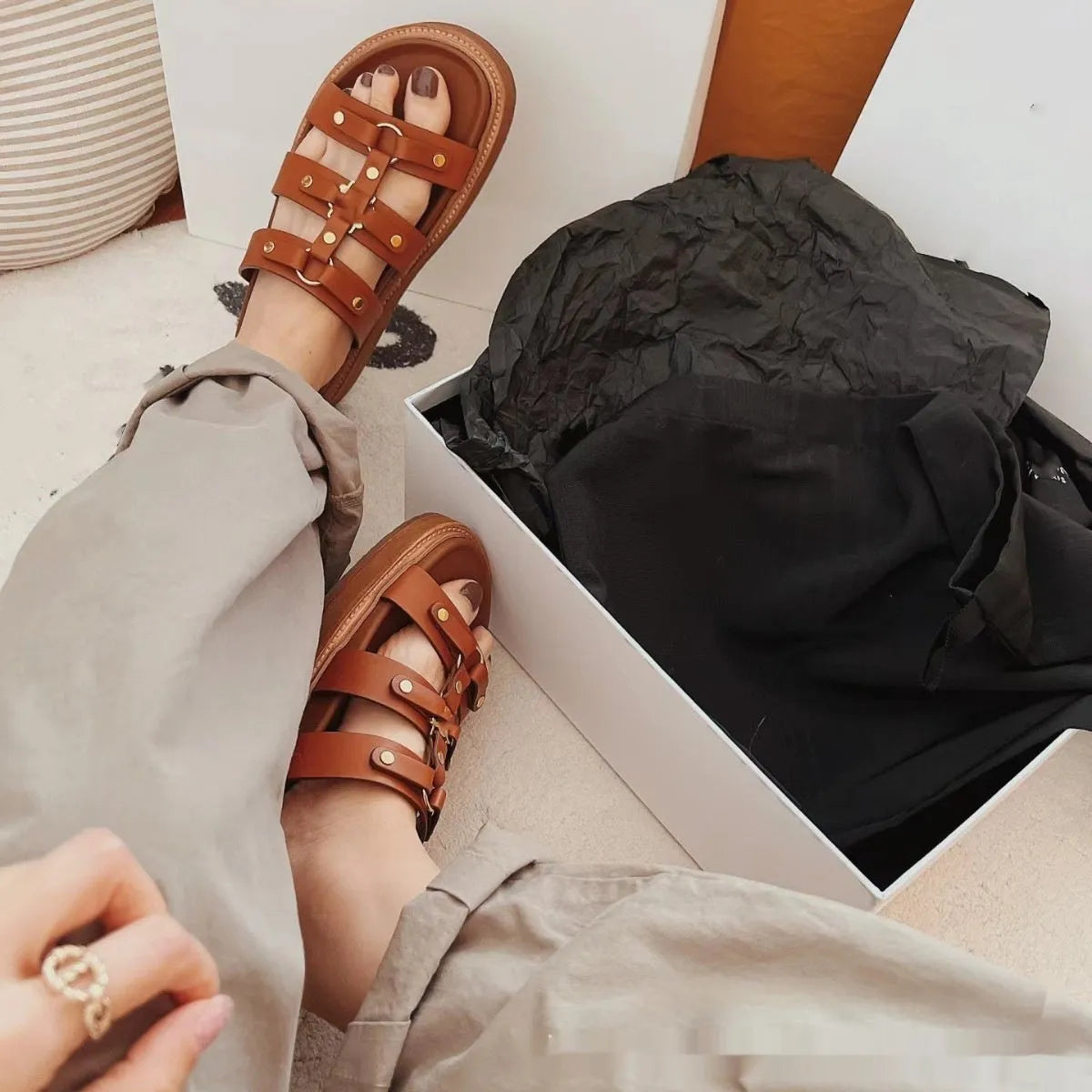 Women's white retro Roman sandal slippers made from sheepskin with a patent leather finish