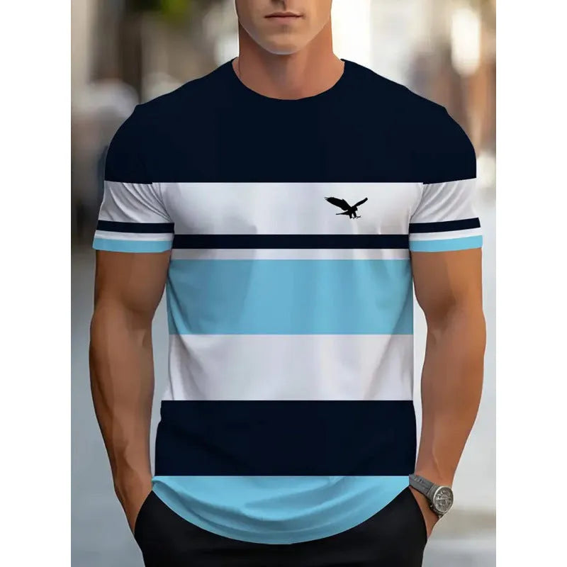 Man wearing a loose-fit short-sleeved T-shirt with a digital 3D printed stripe pattern in a casual setting.
