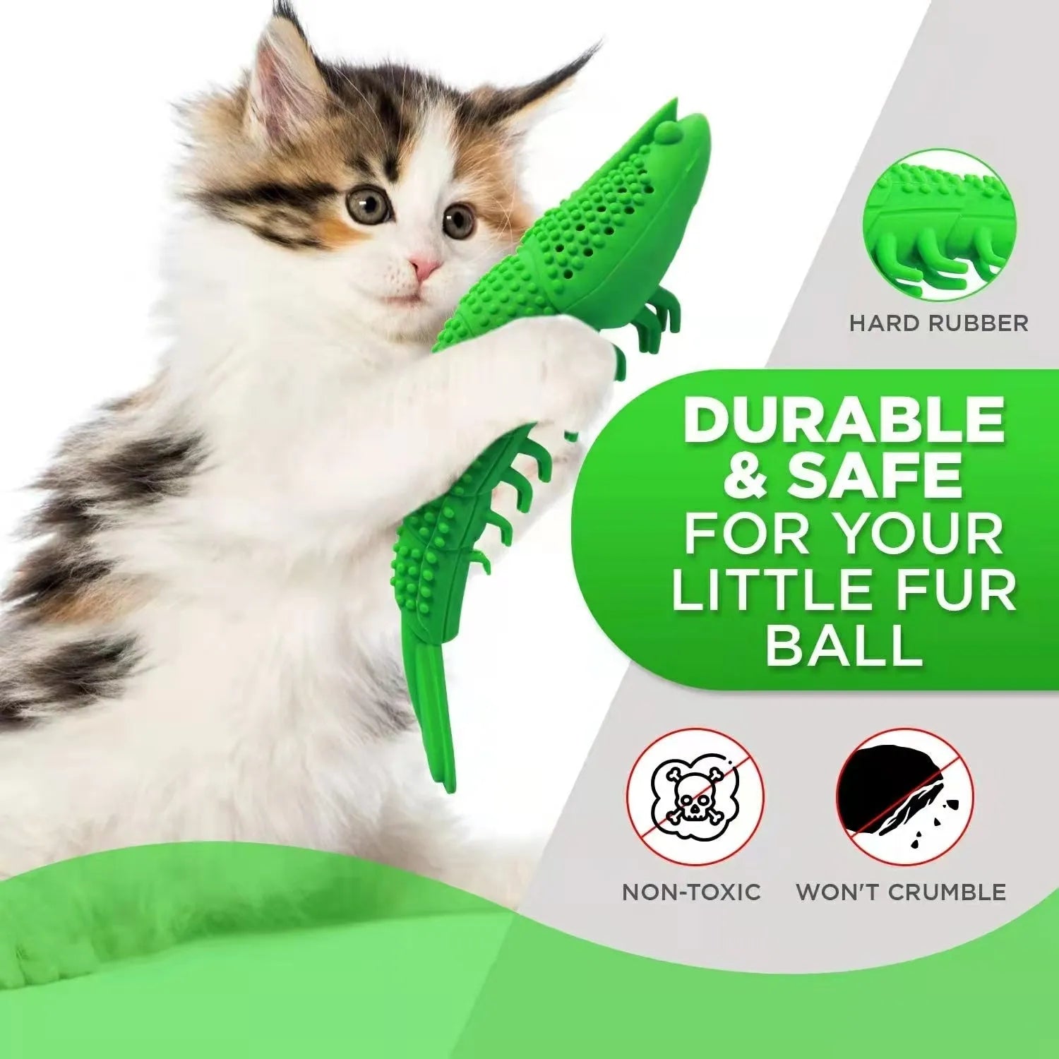 Blue hard rubber catnip toy with teeth cleaning texture and bell for interactive feline dental play