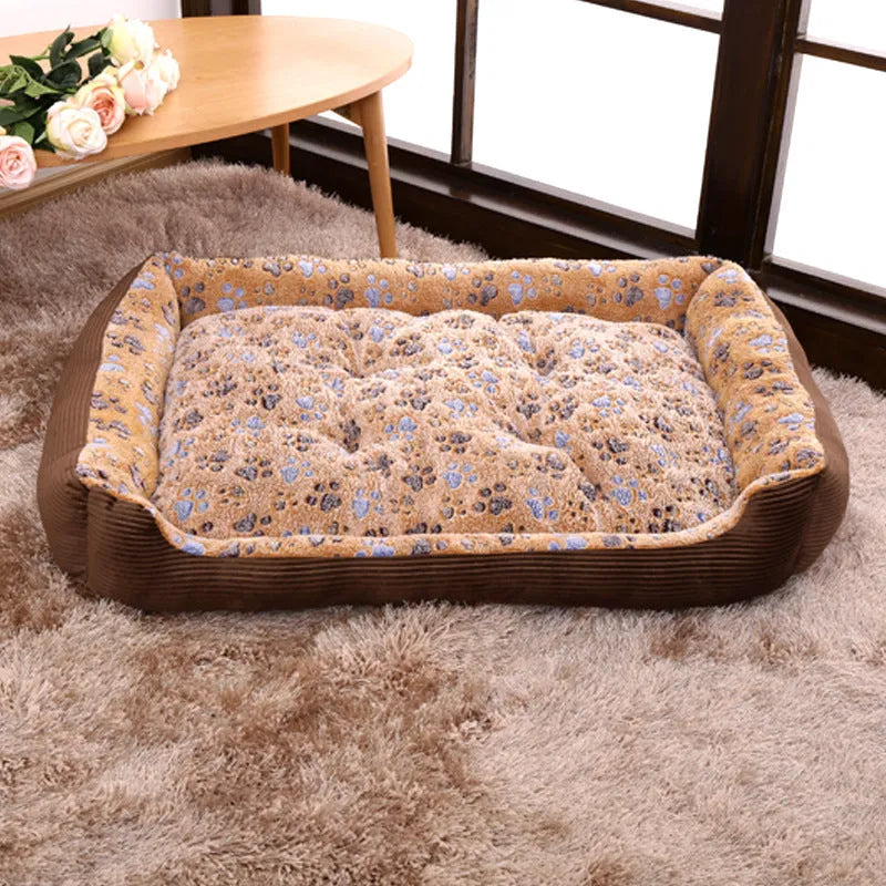 Orthopaedic foam dog bed with plush cover in beige, showing sofa-style raised edges and available in six sizes