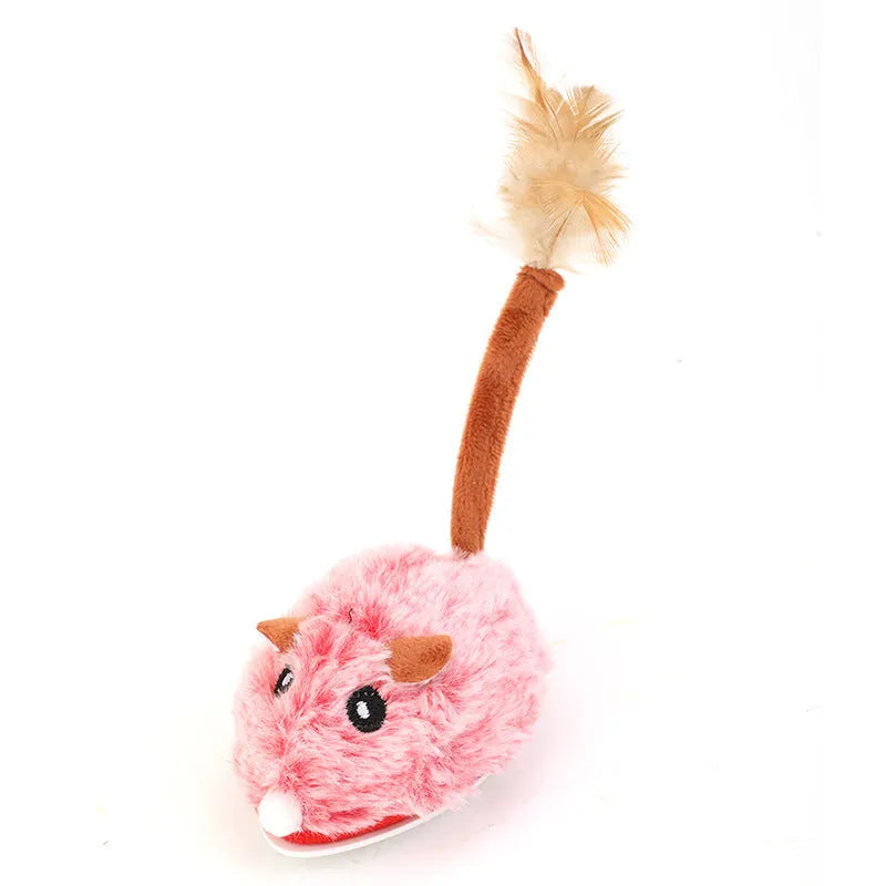 Rechargeable electric cat pole toy with a plush mouse in pink, dark grey, or purple colours on a charging cable.