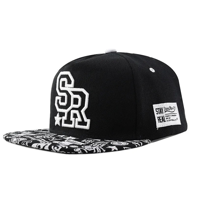 Cotton baseball hat with dome crown and letter embroidery in white or black with adjustable strap