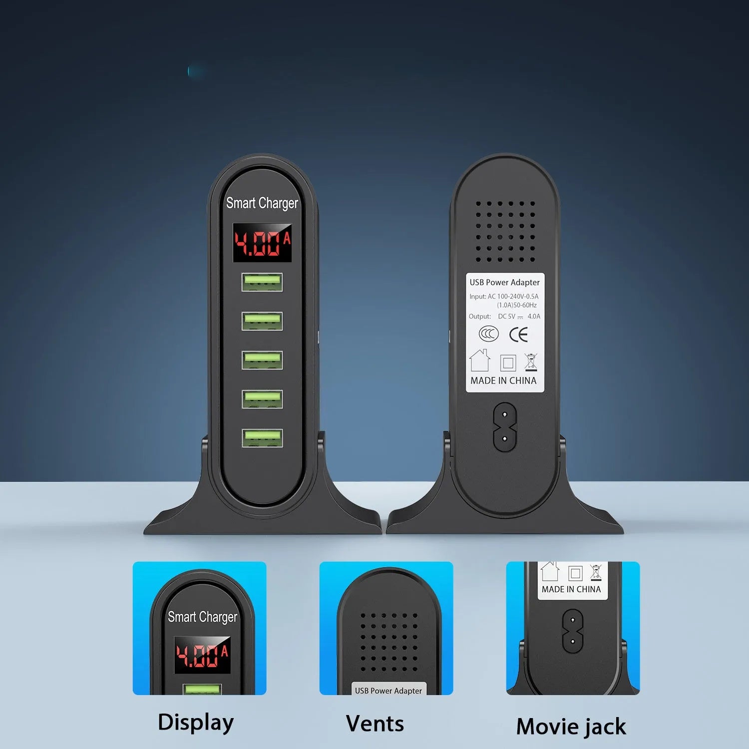 Smart LED digital display USB wall charger in black or white with EU UK US plug options