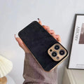 Leather texture iPhone case in grey, black, grey-green, or blue colours showing front and back views
