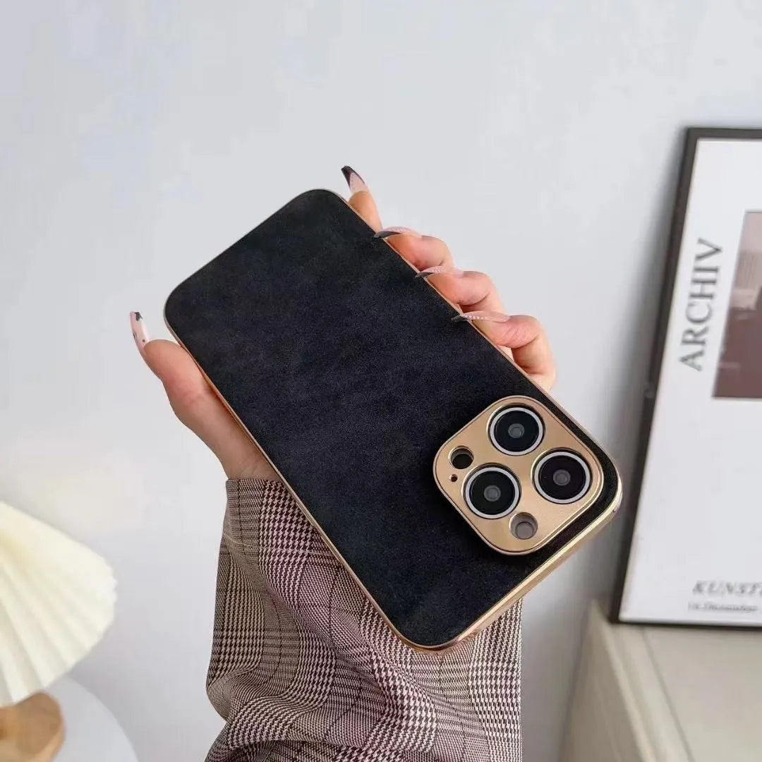 Leather texture iPhone case in grey, black, grey-green, or blue colours showing front and back views