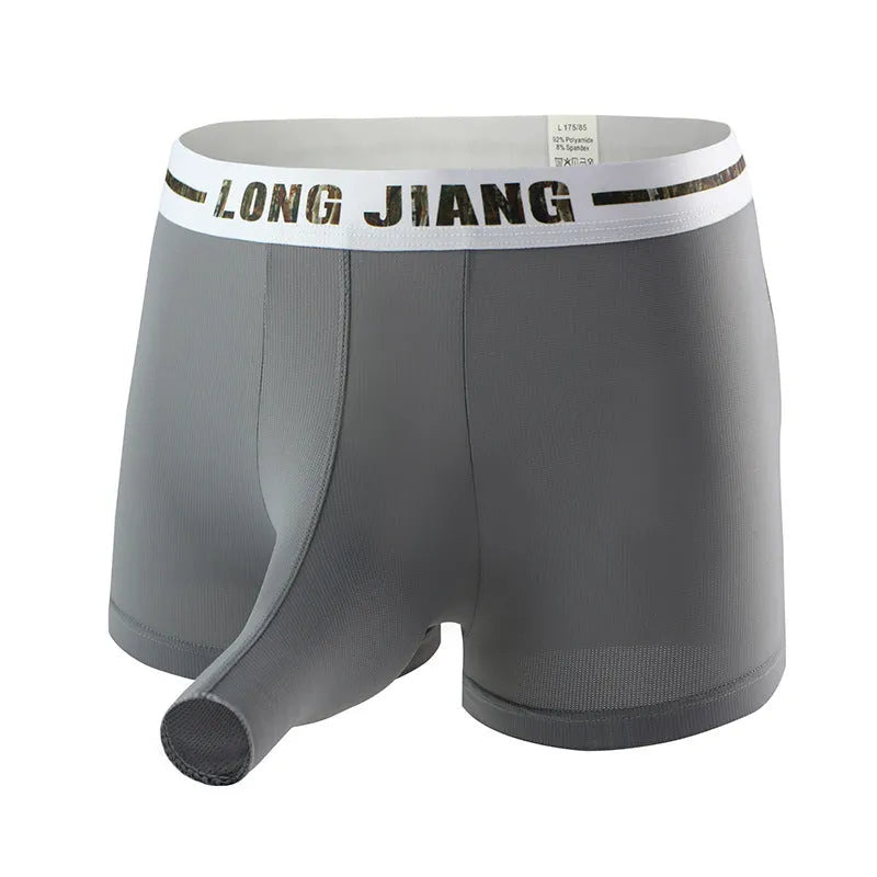Men's breathable ice silk trunk open boxer shorts in Army Green colour on a mid waist mannequin.